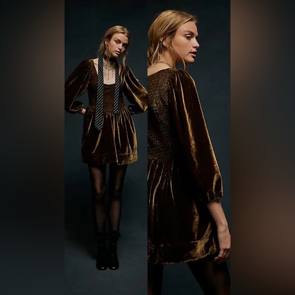 Free People Farrier Velvet Olive Smocked Mini Dress V-neck Sz S fit and flare